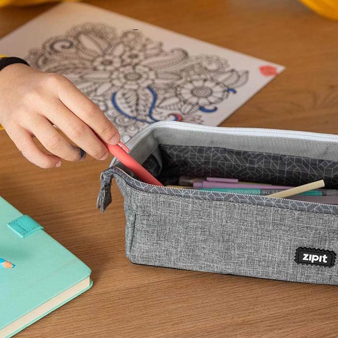 ZIPIT Lenny Pencil Case, Large Capacity Zipper Pouch for School, Stationery Bag for Teen Girls Boys and Adults, Grey