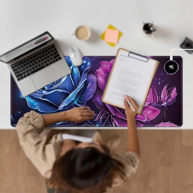Heated Desk Pad Large Mouse Pad 31.5 x 13 inch with 3 Levels Heating & Auto Shut-Off Warm Mouse pad PU Leather Computer Mousepad for Home Office Work - Blue and Purple Rose Flower