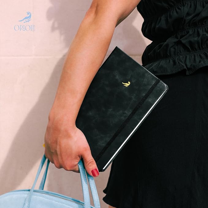 Oriole Vegan Leather Ruled Notebook - Black | 176 Pages of Thick Lined Paper | Soft Touch Hardcover Journal (5 x 8 in) with Gold Foil Bird Design & Luxury Gift Box