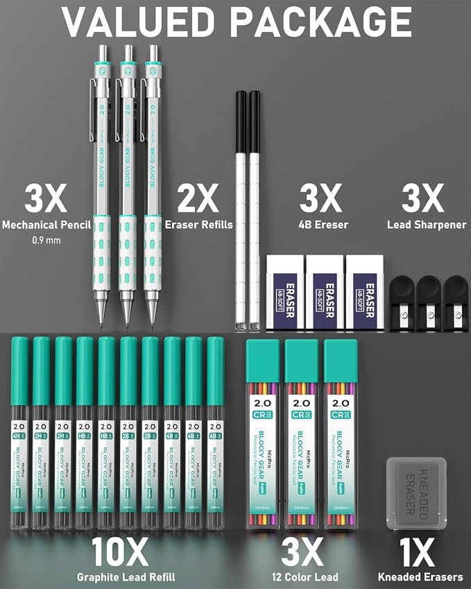 Nicpro 3 Pack Blocky Gear 2.0 mm Metal Mechanical Pencils Set with Case | Drafting Pencil with 13 Tubes 2mm Lead Refills (HB 2B 2H 4B 4H 6B & Colors), Erasers for Carpenter Writing Drawing