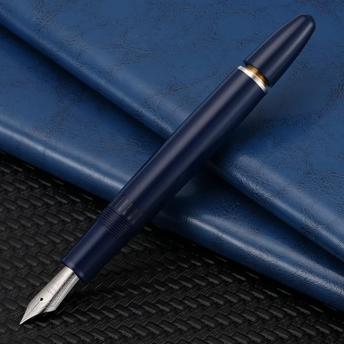 erofa Majohn P136 Piston Fountain Pen Fine Nib with Box, Dark Blue Resin Writing Pen Set
