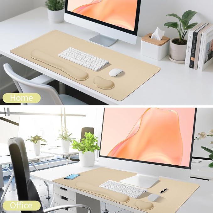Beige Leather Desk Pad and Keyboard Wrist Rest, 3in1 Mouse Pad + Keyboard Wrist Rest + Mouse Wrist Rest, Non-Slip Waterproof Desk Writing Pad for Office and Home (27.6"Ă13.8")