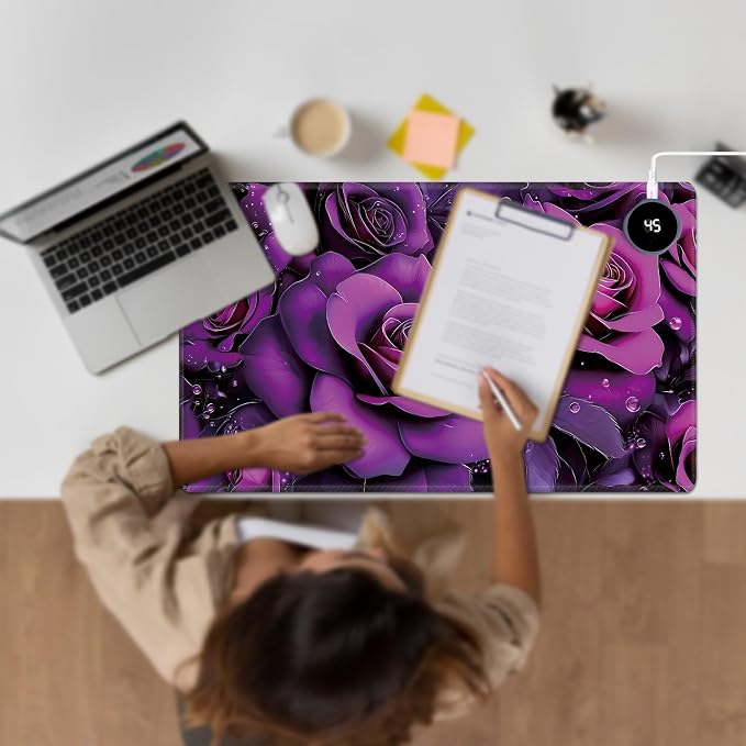Heated Desk Pad Large Mouse Pad 23.6 x 14.1 inch with 3 Levels Heating & Auto Shut-Off Warm Mouse pad PU Leather Computer Mousepad for Home Office Work - Purple Rose Flowers
