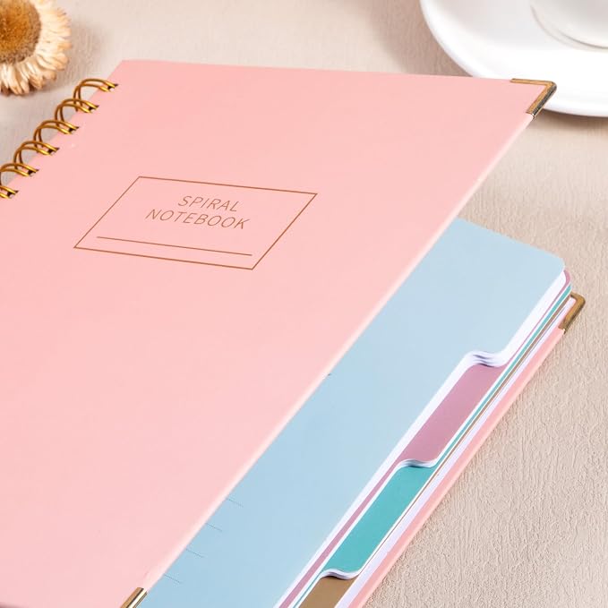 Yoment Hardcover Spiral Notebooks for Work School, B5 Journal Notebook with Tabs Dividers, Multi 5 Subject Notebook College Ruled, 240 Pages Lined Journal for Women, Pink