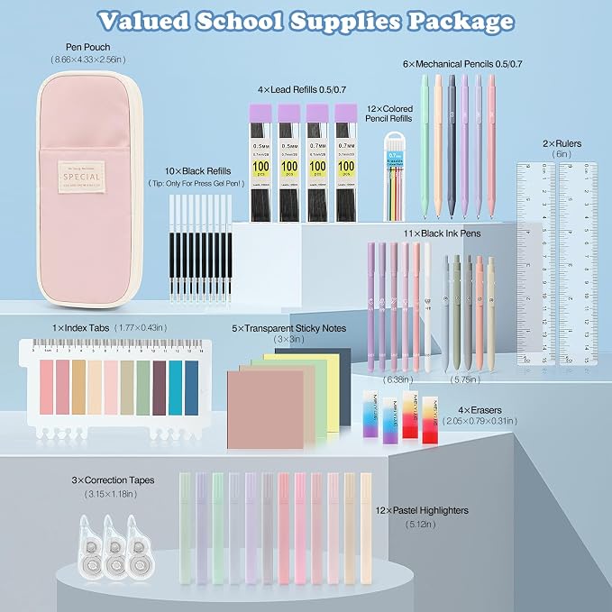 MoKo Pencil Case with Supplies, 60Pcs Aesthetic School Set, Pink | Includes highlighters, gel and ballpoint pens, mechanical pencils, refills, sticky notes, correction tapes and rulers.
