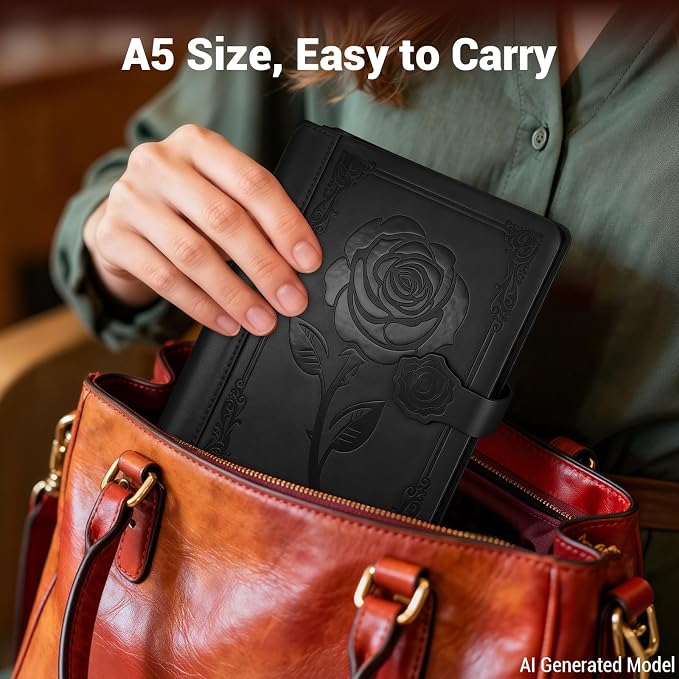 Aocii leather Journal for Women, A5 lined Daily Journal Notebook, Bullet Journaling for Writing, Hardcover Vintage Travel Journals, 224 Pages, Pen included (Black)