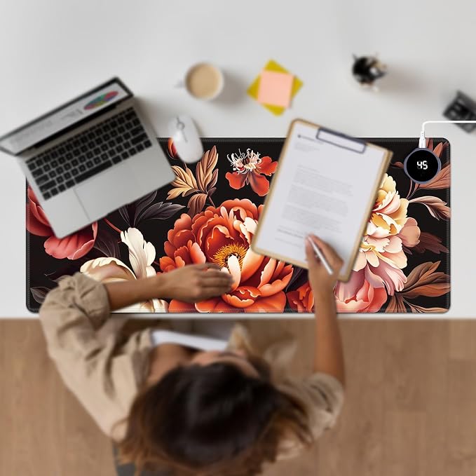 Heated Desk Pad Large Mouse Pad 31.5 x 13 inch with 3 Levels Heating & Auto Shut-Off Warm Mouse pad PU Leather Computer Mousepad for Home Office Work - Pink and Red Flower