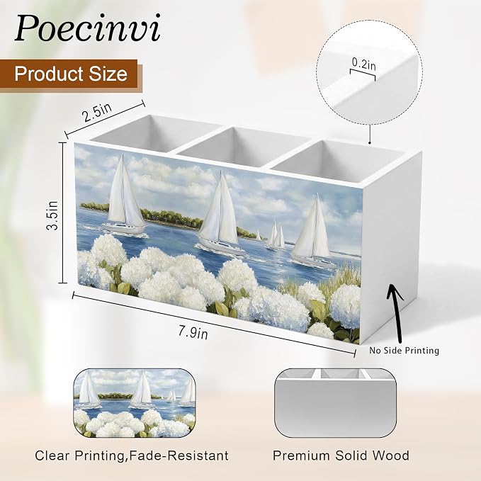 White Hydrangea Coastal Beach Pen Holder for Home Office Desk, Beach House Decor, Nautical Sailboat Hydrangea Flower Wooden Box Sign Pencil Holder for Desk Shelf Organizer