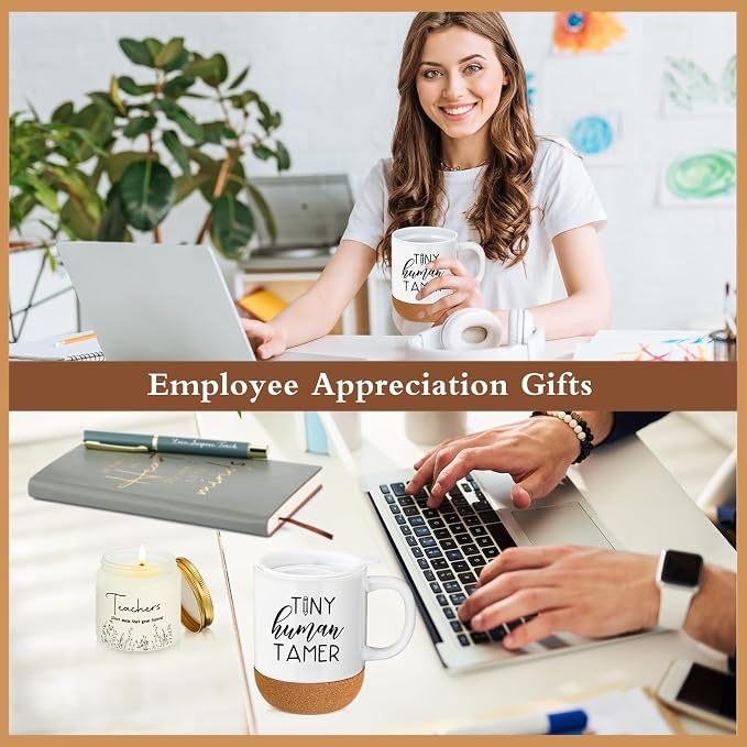 Sayglossy 4 Pcs Tiny Humans Tamer Gift Set Back to School Teacher Appreciation Gift for Preschool Kindergarten Daycare Teacher Thank You Notebook Coffee Mug Cup with Lid Scented Candle Pen