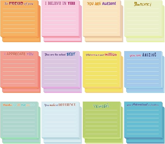 Yinder 48 Pcs Inspirational Sticky Notes, Back to School Supplies, Cute Motivational Sticky Notes Pad Employee Appreciation Gifts Bulk for Teacher Coworker Office 3 x 3'' (Appreciation,Light Color)