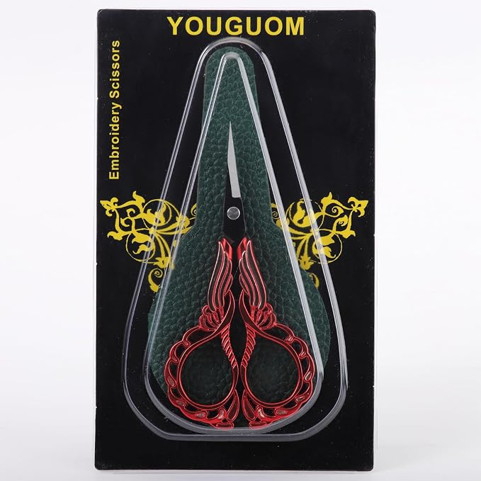 YOUGUOM Small Sewing Scissors, Sharp Detail Shears with Cover | Vintage Little Precision DIY Tool Kit for Crafting, Embroidery, Needlework, Cross Stitch, Thread, Paper Cutting, Red