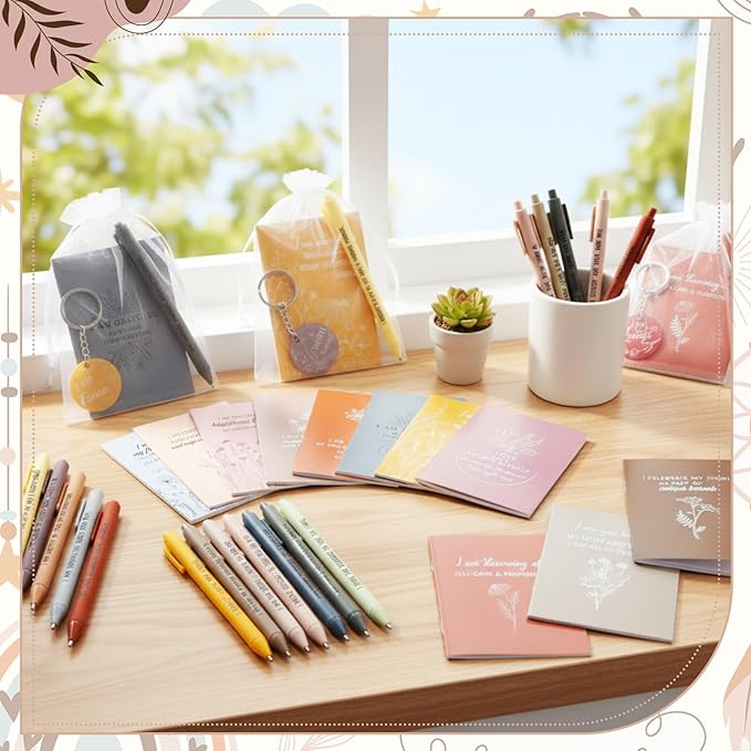 Mooliwe 96 Pcs Positive Affirmation Gift Set Gratitude Notebooks with Pens Small Bags Motivational Encouragement Notepads Daily Affirmations Journal for Women Stress Relief Self Care (Fresh)