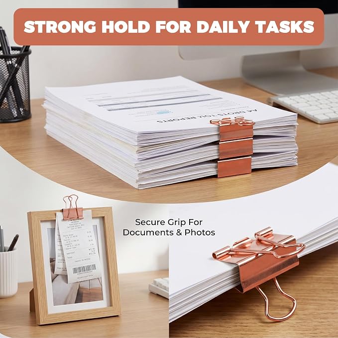 100 Pcs Binder Clips for Office, Paper Clamps, Metal Clamp Bulk for Document Organizing, School Supplies for Teachers Business, Pink Binder Clips Assorted Sizes