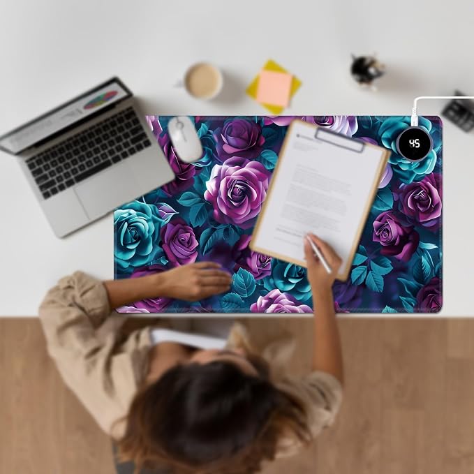 Heated Desk Pad Large Mouse Pad 23.6 x 14.1 inch with 3 Levels Heating & Auto Shut-Off Warm Mouse pad PU Leather Computer Mousepad for Home Office Work - Colorful Rose Flowers