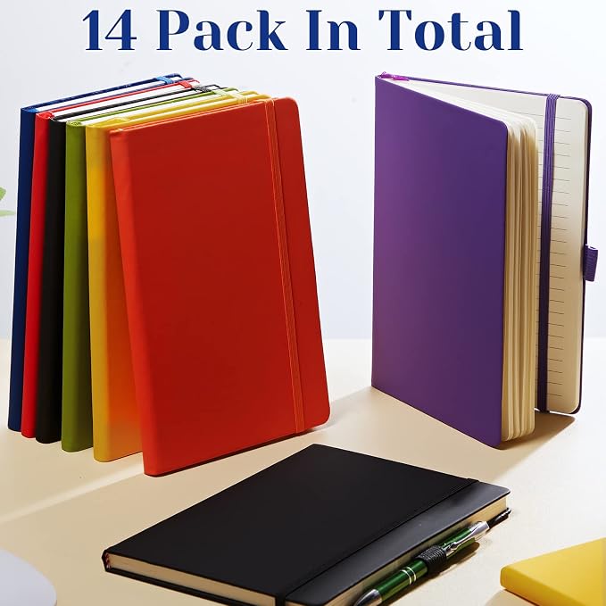 Laumoi 14 Pack Hardcover Journal Notebooks Bulk Journaling Notebook Wide Ruled PU Leather Ruled Lined Journals with Pen Holder for School Business Work Writing (Bright Color,A5)