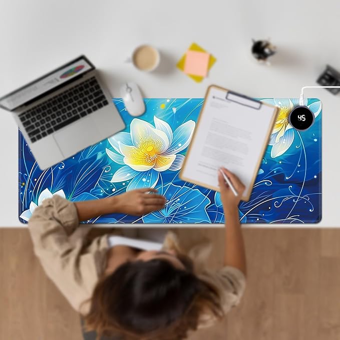 Heated Desk Pad Large Mouse Pad 31.5 x 13 inch with 3 Levels Heating & Auto Shut-Off Warm Mouse pad PU Leather Computer Mousepad for Home Office Work - Blue Lotus Flowers