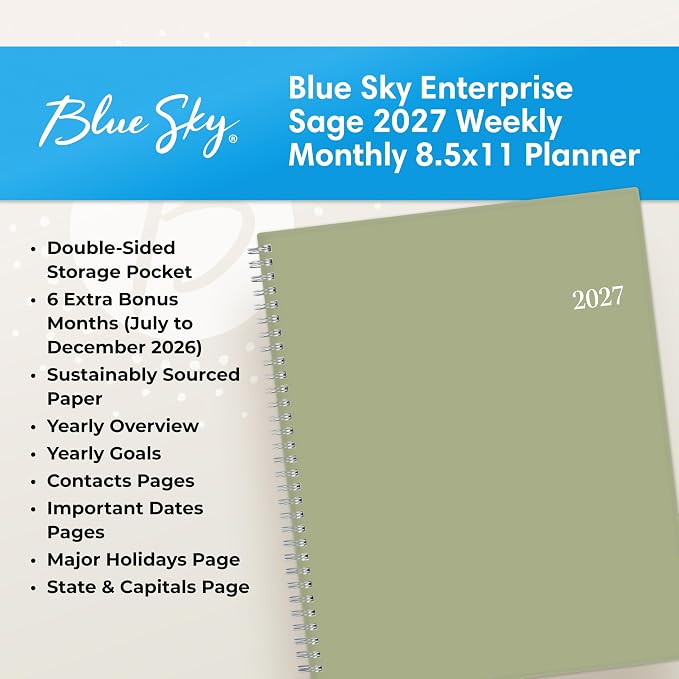 Blue Sky 2027 Weekly & Monthly Planner, 8.5"x11", Enterprise Sage Green | January 2027 - December 2027, Flexible Cover, Durable Twin Wire Binding, Laminated Tabs, Storage Pocket