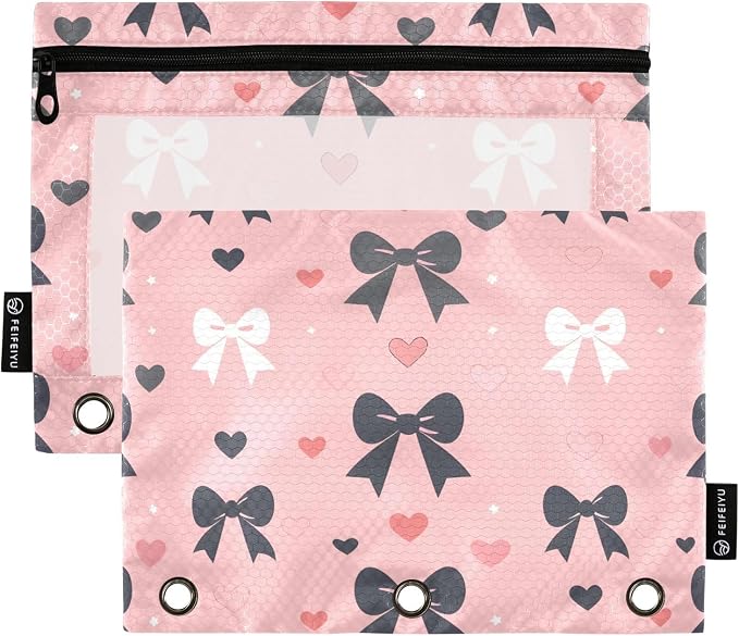 Black Bow Pink Heart Pencil Pouch for 3 Ring Binder 2 Pack Zipper Binder Pencil Bag with Clear Window Pencil Case for Office Supplies