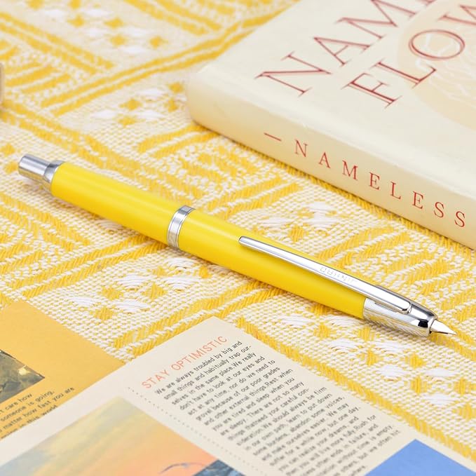Jinhao 20 Press Retractable Fountain Pen Fine Nib with Converter Resin Writing Gift Pen, Yellow with Silver Clip