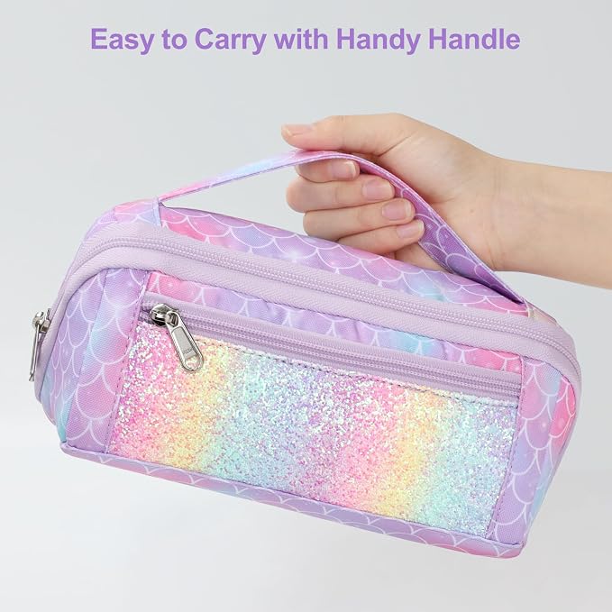 Large Pencil Case for Girls, Aesthetic Pencil Pouch for School, Wide Opening Organizer Box with Handle, Fits 50 Pens & Markers (Glitter Purple Mermaid) | Kids Pencil Case & Wide Handle, Water Resistent Organizer Box,Fits 50 Pens & Markers, Daily Use, G...