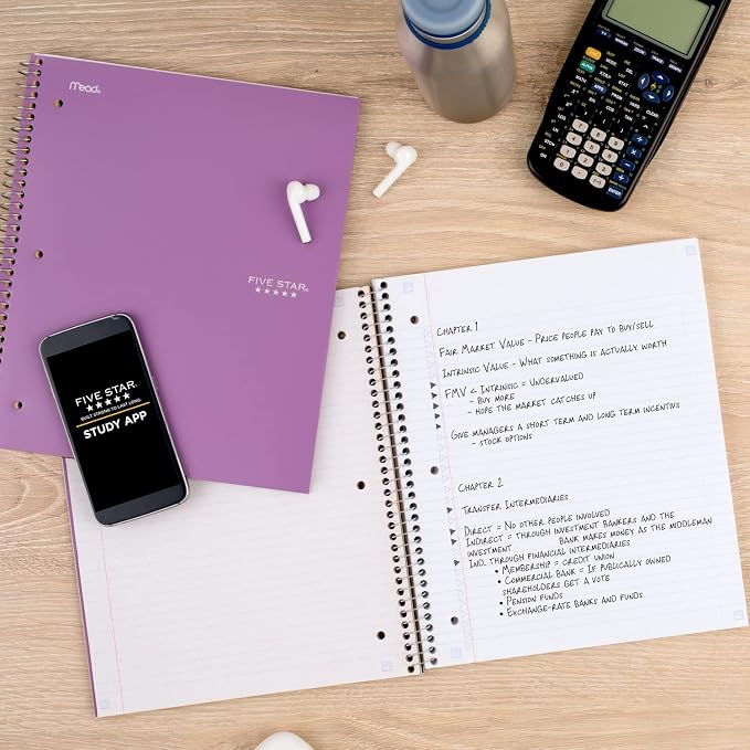 Five Star Spiral Notebook + Study App, 5 Subject, College Ruled Paper, 8-1/2" x 11", 200 Sheets, Fights Ink Bleed, Water Resistant Cover, Amethyst Purple (38748), 1 Count (Pack of 6)