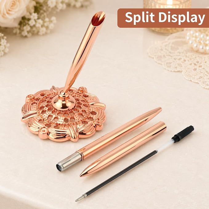 2 Pcs Gold Bridal Shower Pens for Guest Book with 360° Rotating Metal Pen Holder, Wedding Guest Book Signing Pen Set, Durable Metal Ballpoint Pens for Reception Table Decor