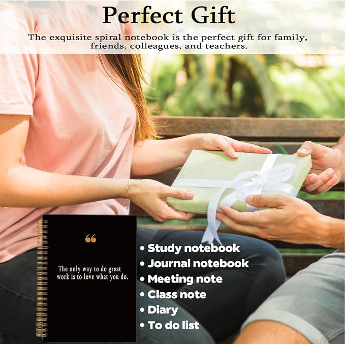 Quote Notebook with Pen Set Steve Jobs "Great Work", A5 Spiral New Job Gifts for Women Men, 160 Pages College Ruled Office Stationery, Coworker Leaving Onboarding Present, Black & Gold