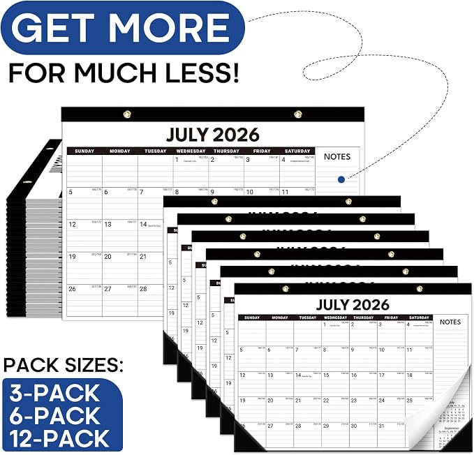 6 Pack of Desk Calendar 2026-2027, 18-Month Calendar Runs from July 2026 to December 2027, Large 17" x 12" Monthly Desktop & Wall Calendar for Home & Office - Black