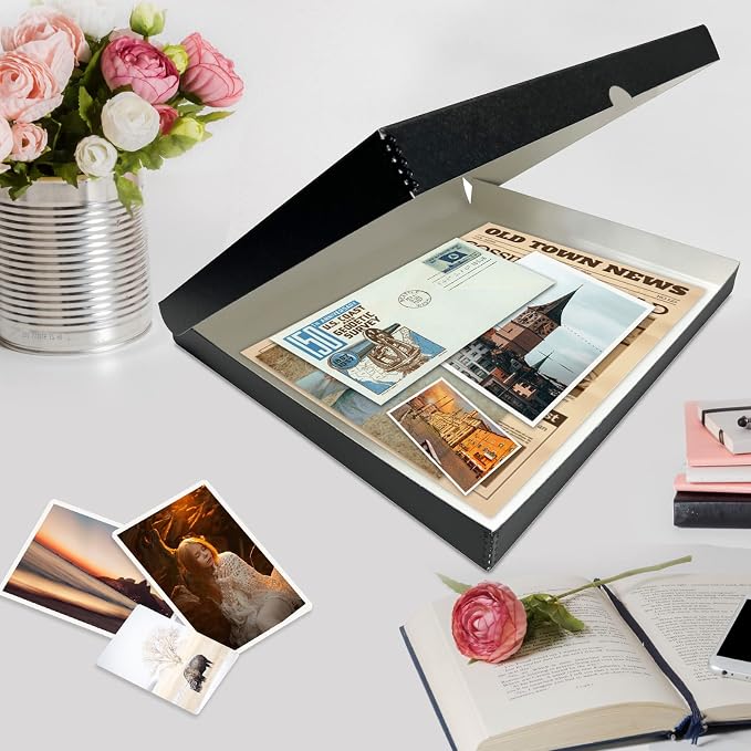 Lineco Clamshell Archival Storage Box, 16.5x20.5x1.75 Inch, Black | Acid-Free with Metal Edge Boxboard, Organize and Store Photos Documents Cards Negatives Magazine Prints Family Records DIY