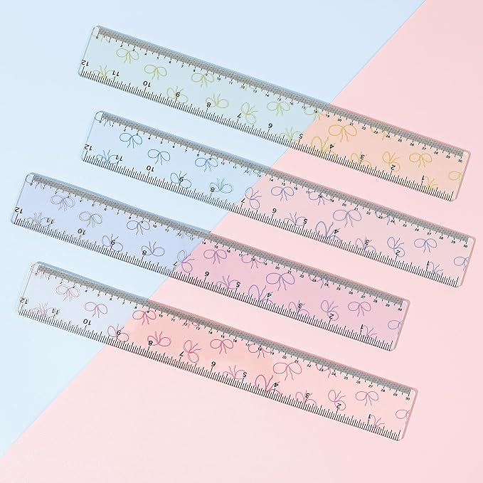BAYTORY 4Pcs Transparent Acrylic Ruler 12 Inch, Plastic Straight Rulers | Shatterproof Student Stationery Centimeters with Inches, for Classroom Essentials School Supplies (Bowknot 12 Inch)