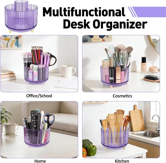 360 Rotating Pen Pencil Holder for Desk, Pen Organizer with 5 Slots, Makeup Brush Holder, Desk Organizer and Accessories, Cute Pencil Cup Caddy for Office School Home Decor Art Supply (Purple)
