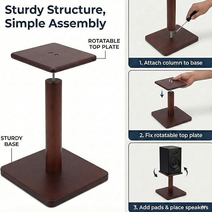 Desktop Speaker Stands Made of Pure Solid Wood, Natural Style, 360° Rotatable Top Plate, Suitable for Medium/Large Tabletop Speakers and Studio Monitors (WalnutBrown Finish_DSS7(7 inch))
