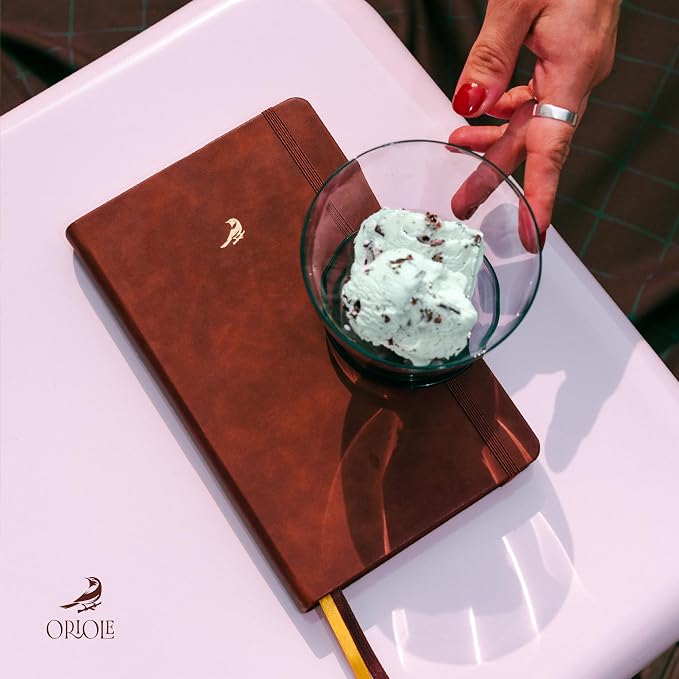 Oriole Vegan Leather Ruled Notebook - Chestnut Brown | 176 Pages of Thick Lined Paper | Soft Touch Hardcover Journal (5 x 8 in) with Gold Foil Bird Design & Luxury Gift Box