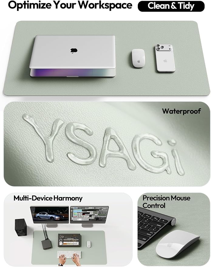 YSAGi Leather Desk Protector, Office Mat, Large Mouse Mat, Non-Slip PU Leather Blotter, Laptop Desk Mat, Waterproof Writing Pad for Office and Home(Grayish Green, 42" x 17.2")