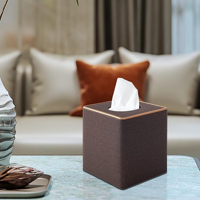 Linen Square Tissue Box Cover,Cube Tissue Box Holder-Excellent Rosegold Leather Decoration,Table Napkin Case Dispenser,Facial Tissues Organizer with Magnetic Bottom for Home Office Car(Coffee)