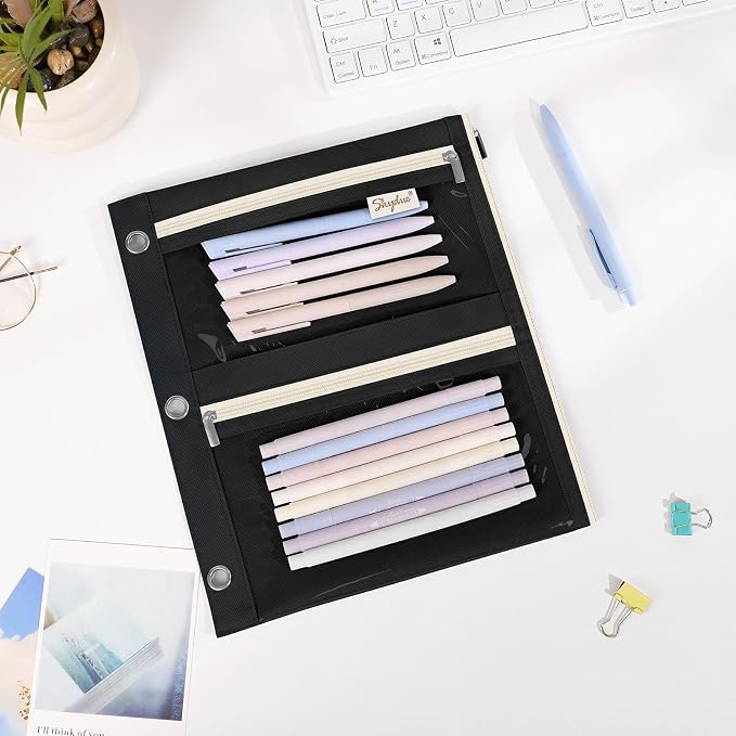 SKYDUE Pencil Pouch for 3 Ring Binder, 3 Compartment Zipper Pencil Case, Large Capacity Pen Organizer with Clear PVC Window for School Supplies, Students, Kids & Teachers
