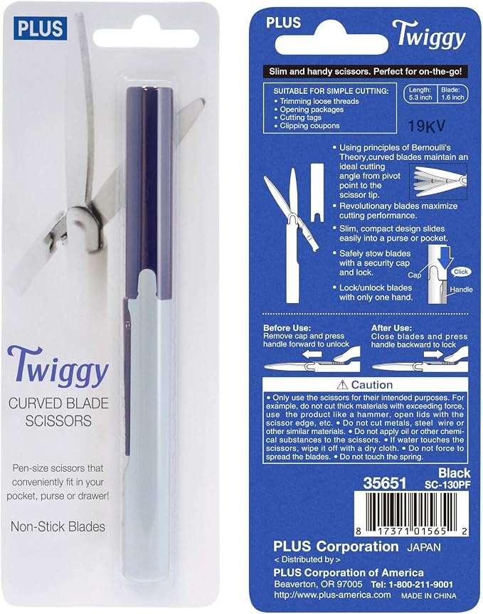 Plus Pen Style Non-Stick Compact TSA Twiggy Scissors with Cover, Blue