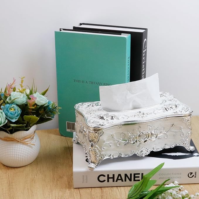Luxurious Rose Tissue Box with Imitation Diamonds,Silver-White | Embossed Flowers,9.45"x5.43"x3.94",Elegant Tissue Paper Holders,for Home Toilet Bath Hotel