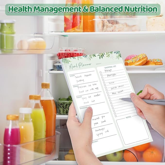 Thboxes 60 Sheets Magnetic Meal Planner for Fridge, Pen Holder, Green Leaf | Grocery List Pad, Undated Weekly Layout, Tear-Off Shopping List, 7 x 10 In, for Kitchen, Meal Prep, Families, Mums, Home