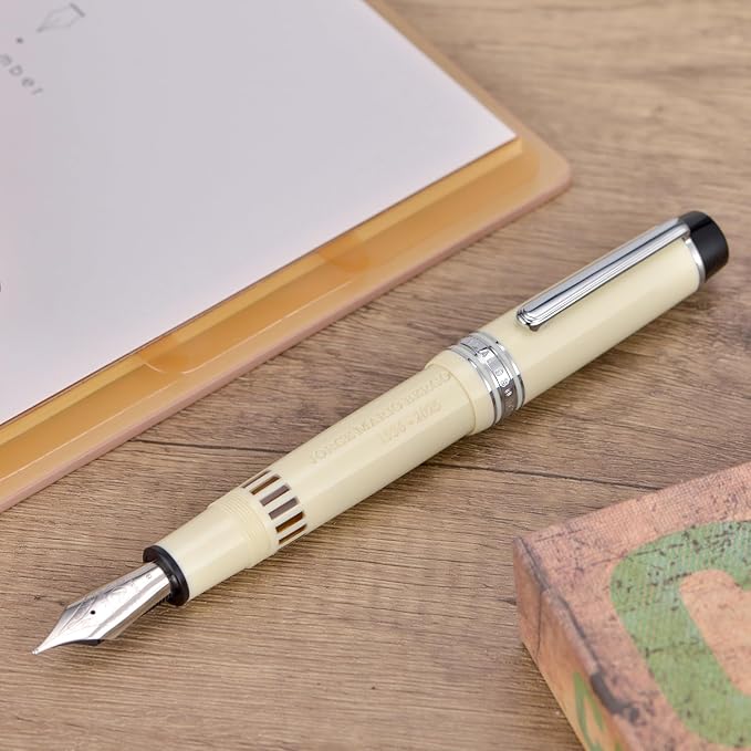 Wikult Yongsheng Junlai 930 Piston Fountain Pen, Ivory White Size 9 Iridiun Fine Nib, Fence Ink Tank Flat Top Design with Pope Memorial Engraving Limited Edition (Silver Trim)
