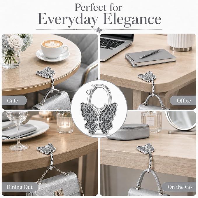 Purse Hook for Table, Foldable Handbag Hanger for Women, Portable Bag Holder with Non-Slip Base, Cute Lychee Grey Butterfly Purse Table Hook for Restaurant Office Travel Gift