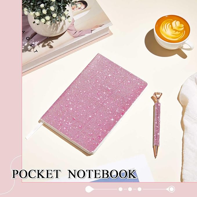 Rhinestone Pen & Glitter Notebook Set, Hard Cover Bling Diary Journal for Girls, Cute School Supplies for Back to School, Sparkly Desk Accessories Gift for Women(Rhinestone,A5,Pink)