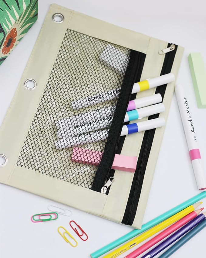 Pencil Pouch for 3 Ring Binder - 3 Hole Zipper Pen Case Bag Holder Bulk Accessories Clear Window Aesthetic Organizer Pockets