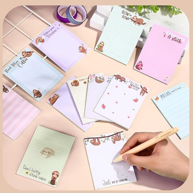 Chiisong 12 Pieces Sloth Sticky Notes 3x4 Inch Cute Cartoon Sloth Gifts Memo Notes for Animal Lovers Women Animal to Do List for Office Friends Lazy Day Holidays Gifts
