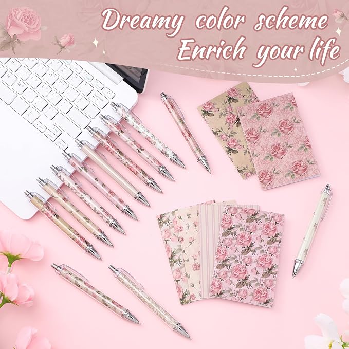 Motiskyy 24 Pcs Vintage Rose Pink Floral Pens Flower Ballpoint Pens Flower Notepads Set Design Line Notebook Employee Gifts Set for Student School Office Supplies, Back to School Gift