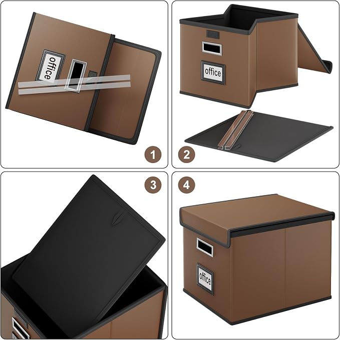 File Organizer Boxes with Lids, Collapsible Faux Leather Hanging File Folder Box Organizer with Plastic Slide, Decorative Home/Office Filing System Boxes for File and Folders Storage