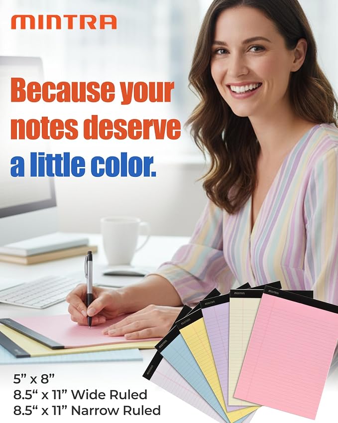 Mintra Office Colorful Legal Pads - Includes 2 Blue, 2 Pink, and, 2 Green Writing Pads, Micro Perforated Lined Sheets, Ideal for Professional & Personal Use, 8.5"x11" Narrow Ruled, 6 pack Basic Pastel
