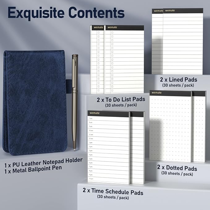 WEMATE 10 Pieces Small Notepad Holder Set Pocket Notebook - Included Mini Pocket Notepad Holder Set with 8 Memo Book Refills and Metal Pen for Meetings, Daily Records, and Notes 3 x 5 Inch (Blue) | Included Mini Pocket Notepad Holder Set with 8 Memo Bo...