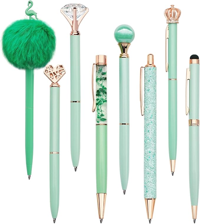 WEMATE 8Pcs Green Pens, Metal Crystal Diamond Pens with Black & Blue Ink | Cute Fancy Pens for Journaling, Office Supplies, Gifts for Women Girls, Birthday & Back to School Supplies