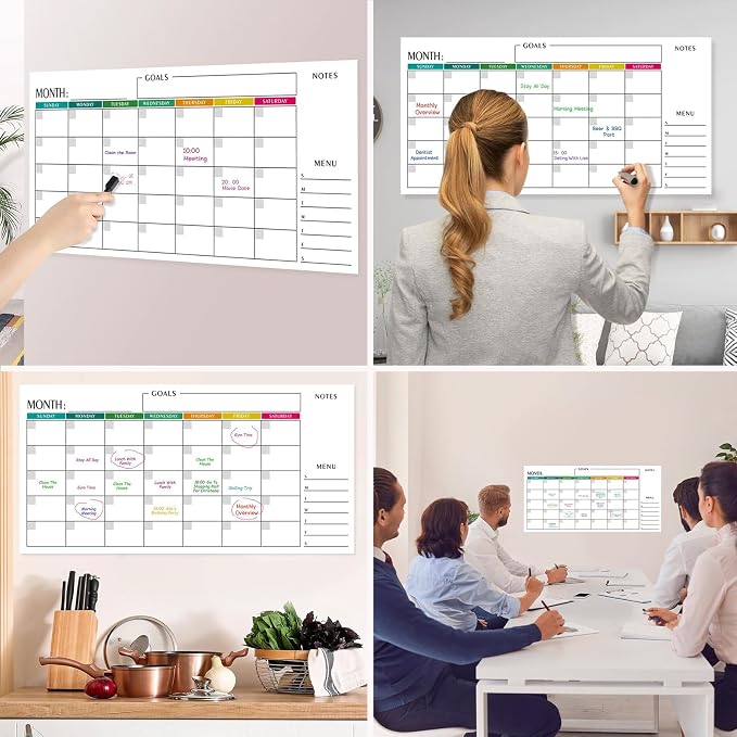 15x30 Dry Erase Wall Calendar, Reusable Undated Whiteboard Planner 3 Pcs | Colorful Horizontal Landscape Layout for Office, Classroom, Home with Markers & Stickers
